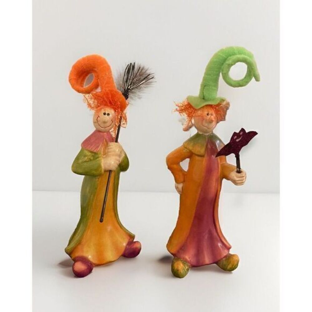 K's Collection Halloween Witches set‎ of Two Figurines Bat Broom Fancy